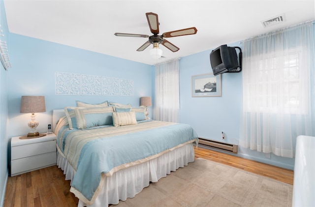 bedroom featuring baseboard heating, visible vents, wood finished floors, and ceiling fan
