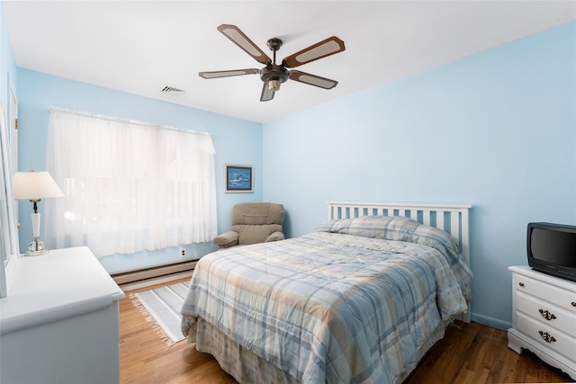 bedroom with a ceiling fan, visible vents, baseboard heating, and wood finished floors