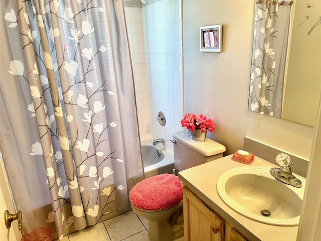 bathroom with toilet, shower / bath combo with shower curtain, tile patterned flooring, and vanity