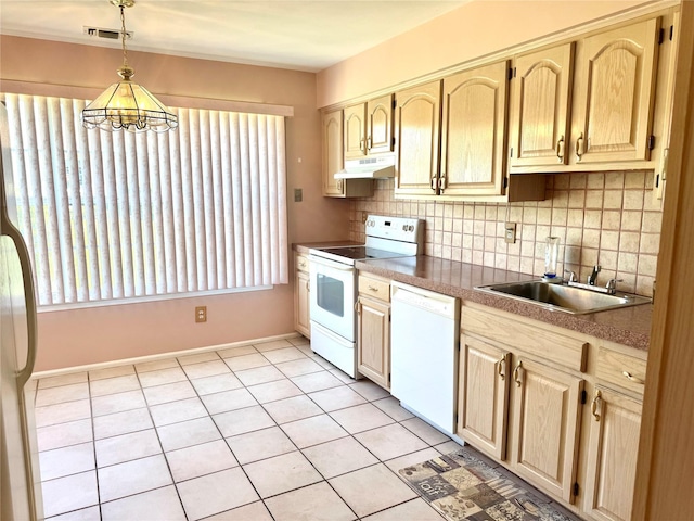 11 Theodore Dr, Coram, NY 11727 - kitchen with white appliances, backsplash, under cabinet range hood, and plenty of natural light