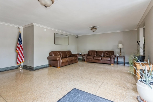 living room featuring crown molding and baseboards