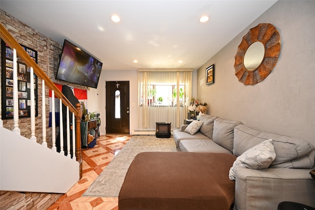 102-25 163rd Dr, Howard Beach, NY 11414 - living area with light tile patterned floors, a baseboard radiator, recessed lighting, and stairs