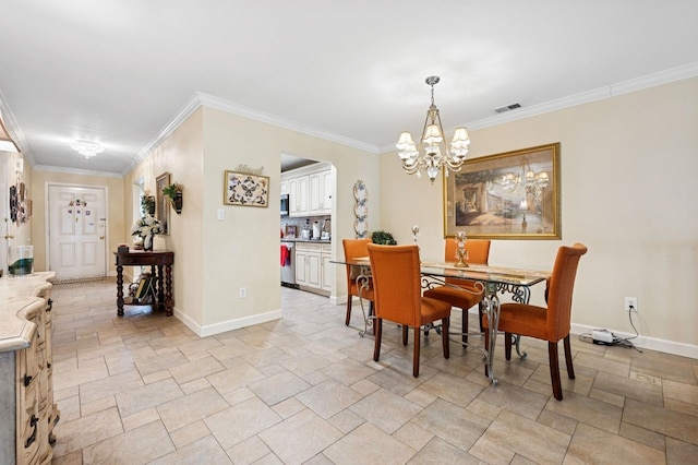 60 Southgate Cir, Massapequa Park, NY 11762 - dining room featuring stone tile floors, baseboards, visible vents, a chandelier, and crown molding