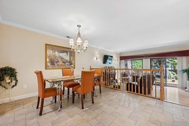 60 Southgate Cir, Massapequa Park, NY 11762 - dining space with a chandelier, stone tile flooring, baseboards, and ornamental molding
