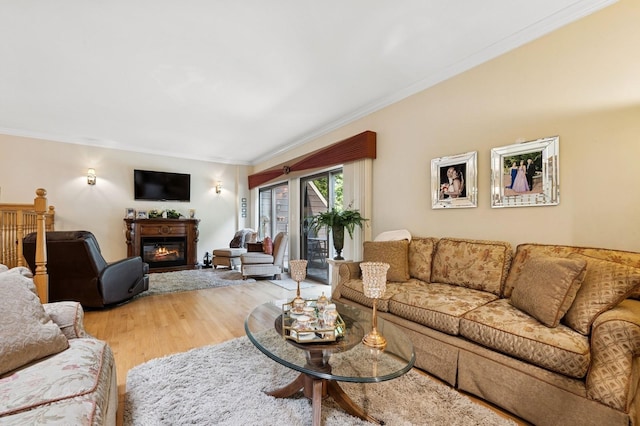 60 Southgate Cir, Massapequa Park, NY 11762 - living area featuring crown molding, a glass covered fireplace, and wood finished floors