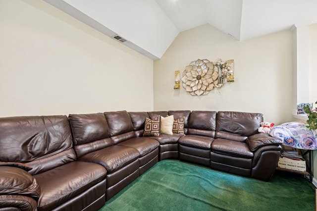60 Southgate Cir, Massapequa Park, NY 11762 - living area with vaulted ceiling, carpet floors, and visible vents