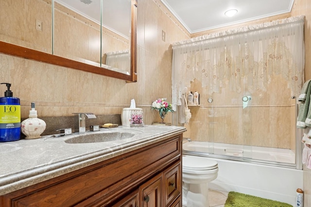 60 Southgate Cir, Massapequa Park, NY 11762 - bathroom with crown molding, tile patterned floors, vanity, bath / shower combo with glass door, and toilet