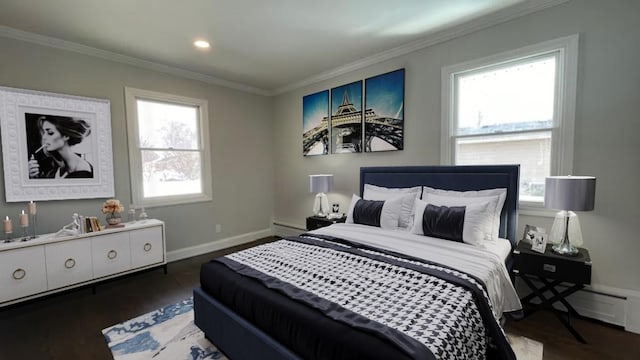 bedroom with crown molding, recessed lighting, baseboards, and wood finished floors