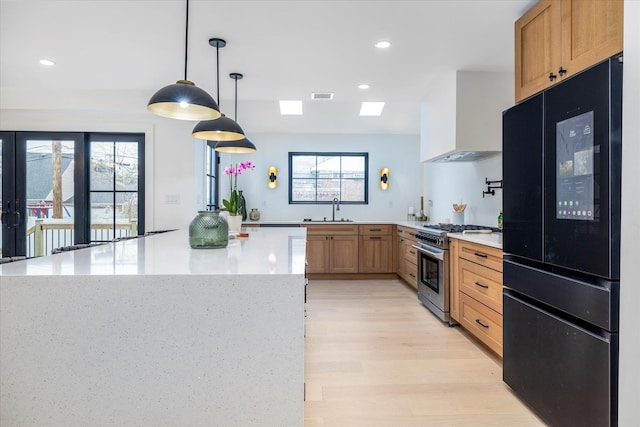 64 Jane Ct, Westbury, NY 11590 - kitchen with black refrigerator, light wood-type flooring, wall chimney range hood, stainless steel stove, and a sink