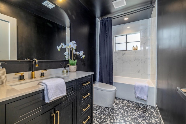 64 Jane Ct, Westbury, NY 11590 - full bath featuring visible vents, toilet, vanity, and shower / bath combination with curtain