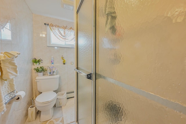 97 Arlington Ave, Valley Stream, NY 11580 - full bath featuring toilet, a stall shower, a baseboard heating unit, and tile walls