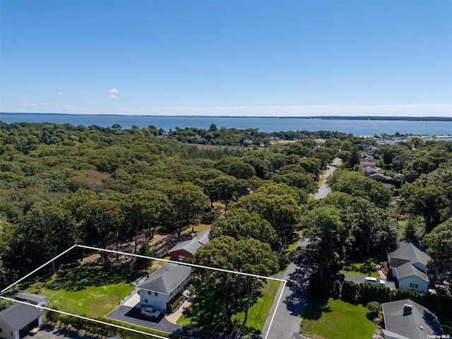 birds eye view of property featuring a wooded view and a water view