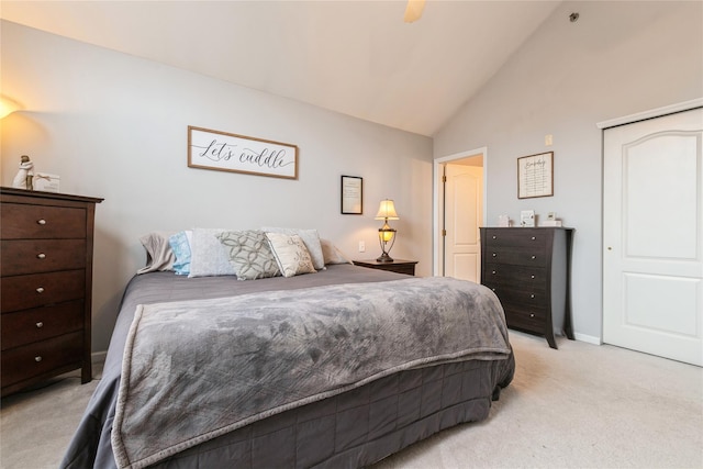 bedroom featuring high vaulted ceiling, light carpet, a ceiling fan, and baseboards