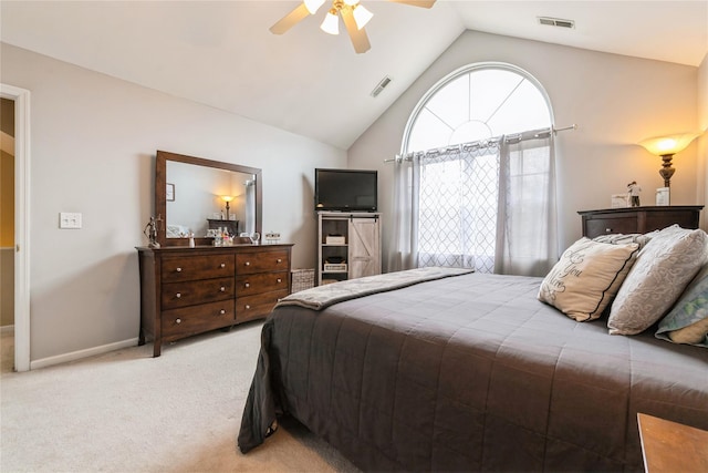bedroom featuring ceiling fan, visible vents, baseboards, and light carpet