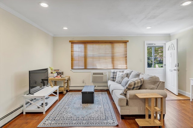 4410 Wilshire Ln Unit 4410, Oakdale, NY 11769 - living room with a wall mounted AC, ornamental molding, wood finished floors, recessed lighting, and baseboards