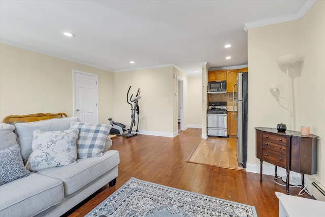 4410 Wilshire Ln Unit 4410, Oakdale, NY 11769 - living area with light wood-style floors, recessed lighting, ornamental molding, and baseboards