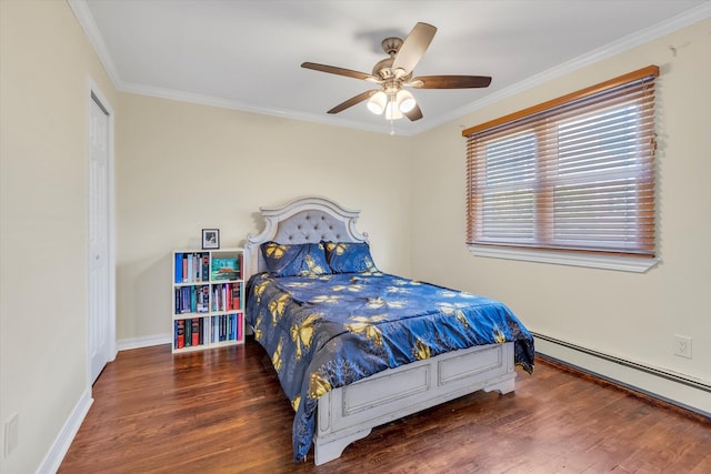 4410 Wilshire Ln Unit 4410, Oakdale, NY 11769 - bedroom with a baseboard heating unit, wood finished floors, crown molding, baseboards, and a ceiling fan
