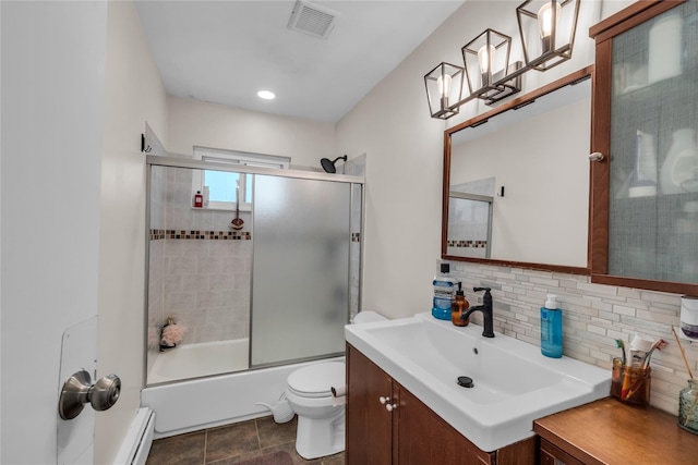 full bathroom featuring vanity, decorative backsplash, toilet, visible vents, and baseboard heating