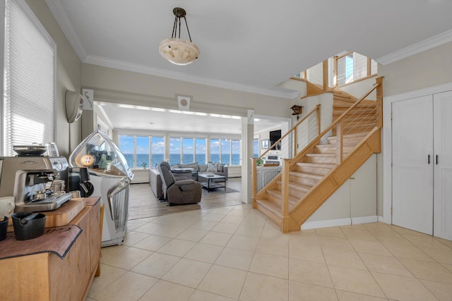 living area with plenty of natural light, stairway, and ornamental molding