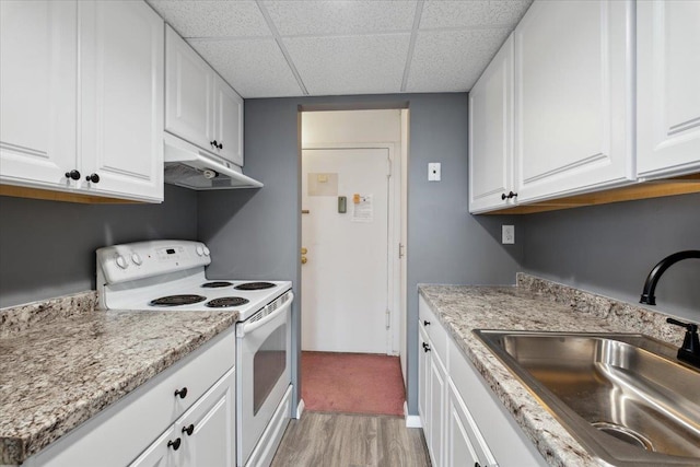 150 Overlook Ave Unit 8V, Peekskill, NY 10566 - kitchen with electric range, under cabinet range hood, a sink, light wood-style floors, and a paneled ceiling