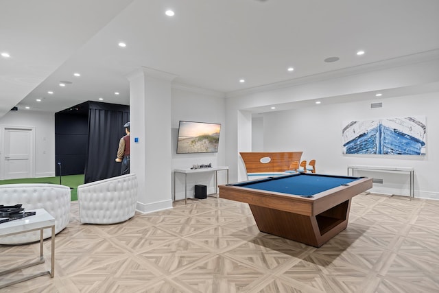 25 Brewster Ln, East Setauket, NY 11733 - game room with baseboards, pool table, recessed lighting, and crown molding