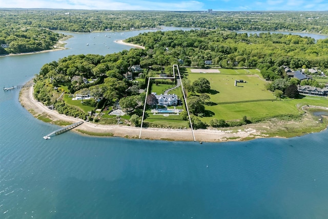 25 Brewster Ln, East Setauket, NY 11733 - view of property location featuring property parcel outlined, a forest, and a nearby body of water