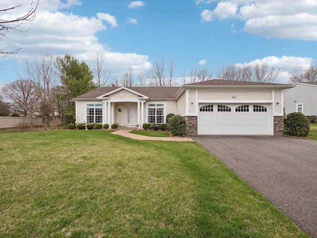 5 Hamlet Woods Dr, Saint James, NY 11780 - ranch-style house featuring aphalt driveway, a garage, a front yard, stone siding, and a shingled roof