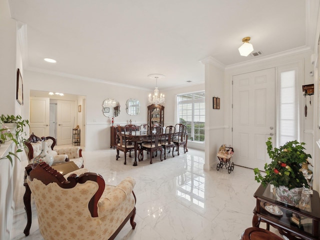 5 Hamlet Woods Dr, Saint James, NY 11780 - living area featuring visible vents, marble finish floor, an inviting chandelier, and crown molding