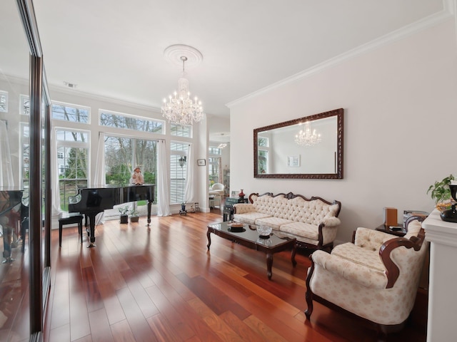 5 Hamlet Woods Dr, Saint James, NY 11780 - living room with a chandelier, visible vents, crown molding, and wood finished floors