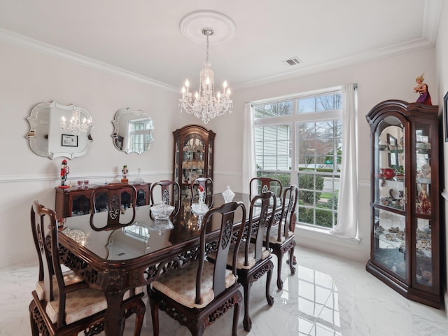 5 Hamlet Woods Dr, Saint James, NY 11780 - dining room with a chandelier, crown molding, marble finish floor, and visible vents