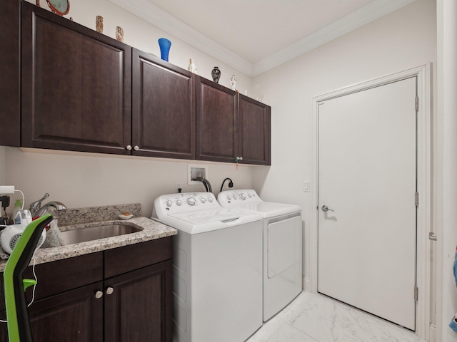 5 Hamlet Woods Dr, Saint James, NY 11780 - laundry room with crown molding, marble finish floor, a sink, washer and dryer, and cabinet space