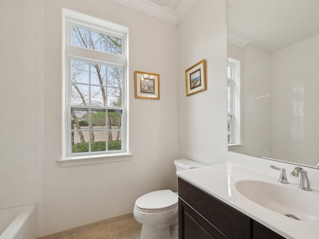 5 Hamlet Woods Dr, Saint James, NY 11780 - full bath featuring vanity, crown molding, toilet, and a healthy amount of sunlight