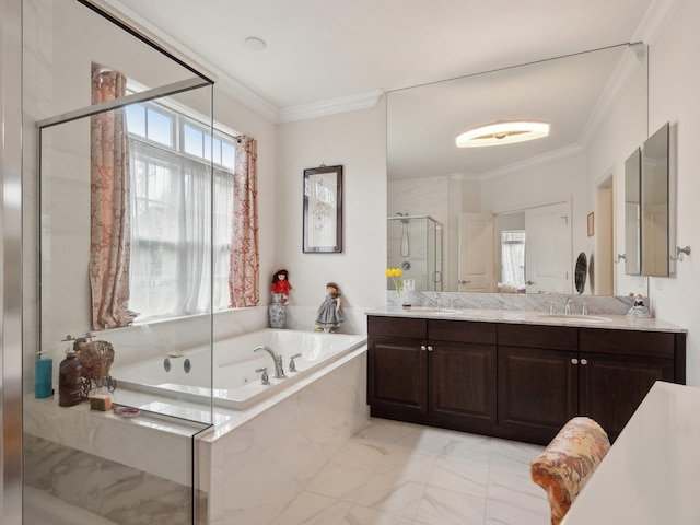 5 Hamlet Woods Dr, Saint James, NY 11780 - full bathroom with vanity, ornamental molding, a shower stall, marble finish floor, and a garden tub