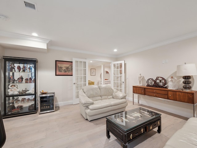 5 Hamlet Woods Dr, Saint James, NY 11780 - living room with visible vents, baseboards, ornamental molding, recessed lighting, and french doors