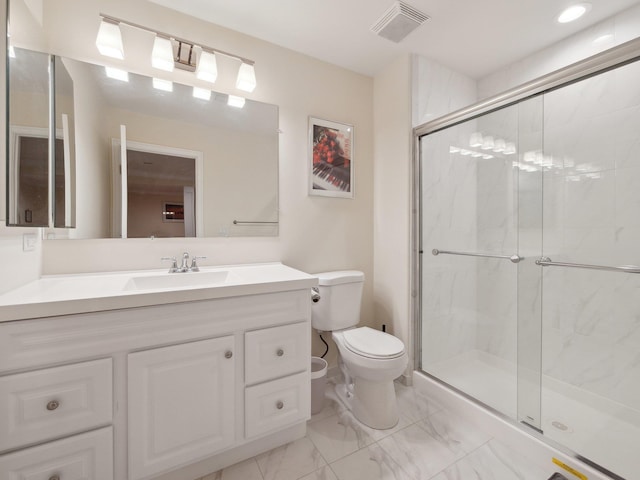 5 Hamlet Woods Dr, Saint James, NY 11780 - bathroom featuring visible vents, toilet, a shower stall, vanity, and marble finish floor