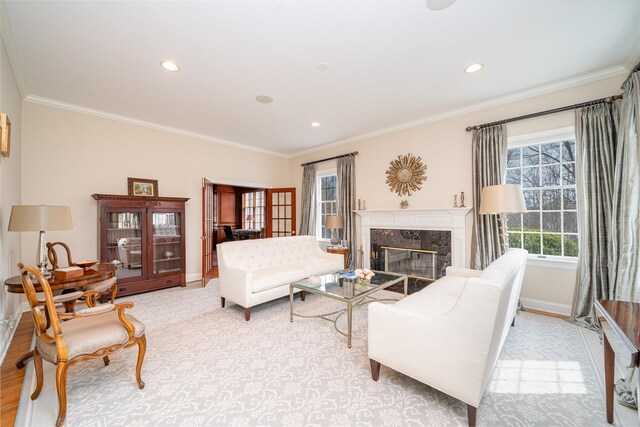 living area featuring baseboards, ornamental molding, and plenty of natural light