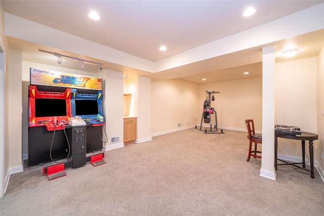 recreation room featuring recessed lighting, baseboards, visible vents, and carpet