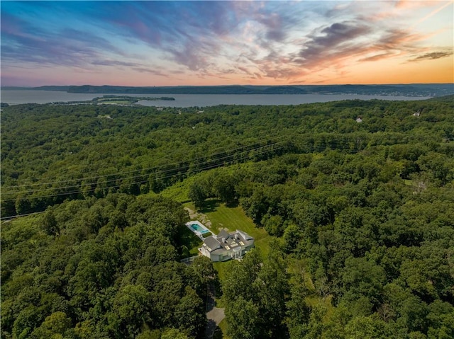 aerial view with a forest view and a water view