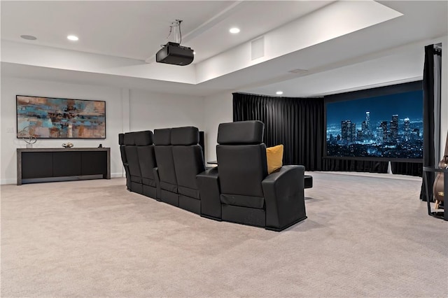 carpeted home theater room with baseboards and recessed lighting