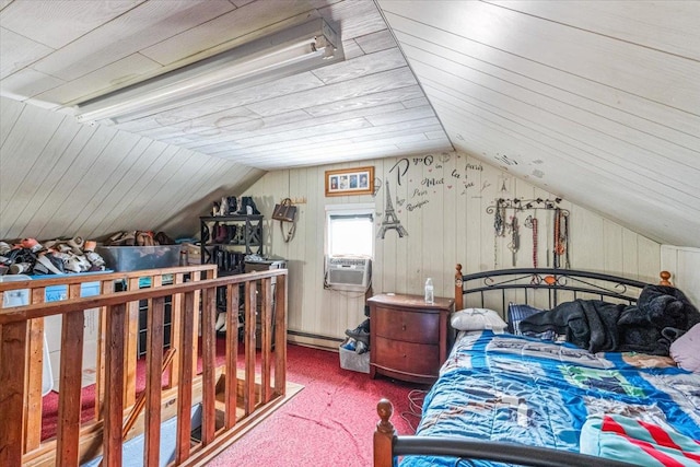 232 Courthouse Rd, Franklin Square, NY 11010 - bedroom with cooling unit, a baseboard heating unit, carpet flooring, and vaulted ceiling