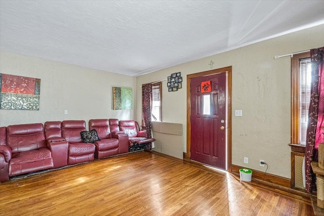 232 Courthouse Rd, Franklin Square, NY 11010 - living room featuring baseboards, wood finished floors, a textured ceiling, and a textured wall