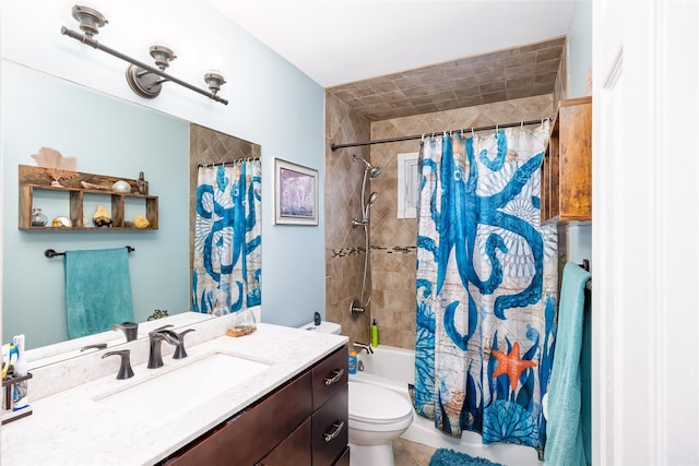 bathroom featuring toilet, vanity, and shower / bath combination with curtain