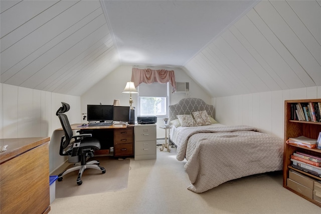 carpeted bedroom featuring a desk, a wall unit AC, and lofted ceiling