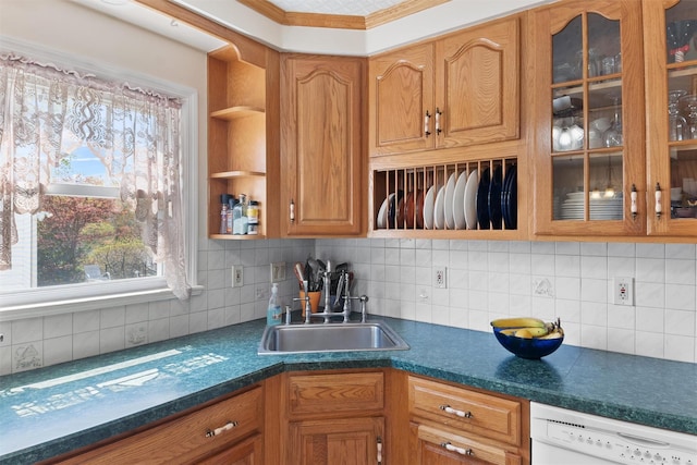 kitchen featuring open shelves, dark countertops, dishwasher, glass insert cabinets, and backsplash