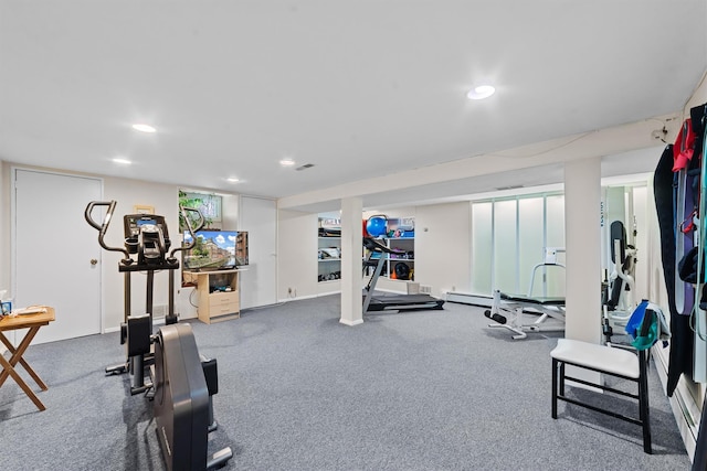 workout area featuring carpet, recessed lighting, and visible vents