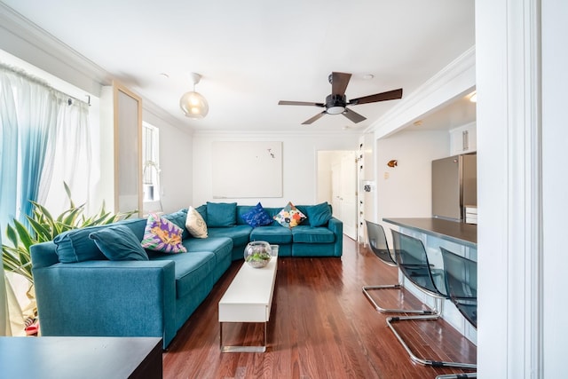 49-07 43rd Ave Unit 7F, Sunnyside, NY 11377 - living room featuring dark wood finished floors, a ceiling fan, and ornamental molding
