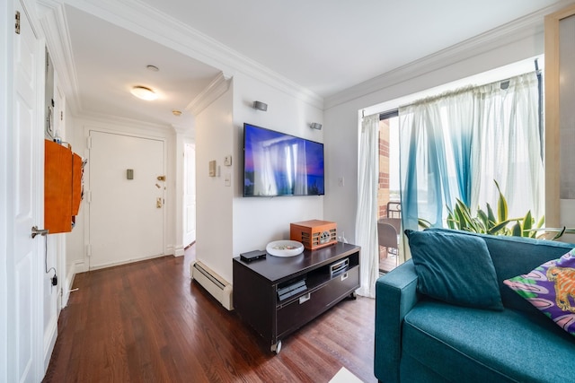 49-07 43rd Ave Unit 7F, Sunnyside, NY 11377 - living area featuring a baseboard radiator, ornamental molding, and dark wood-type flooring