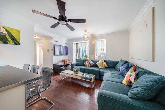 49-07 43rd Ave Unit 7F, Sunnyside, NY 11377 - living room featuring crown molding, dark wood-style floors, and a ceiling fan