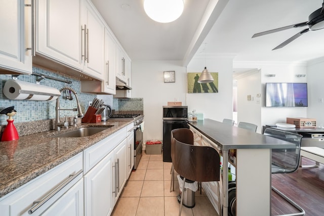 49-07 43rd Ave Unit 7F, Sunnyside, NY 11377 - kitchen featuring under cabinet range hood, stainless steel appliances, backsplash, a sink, and white cabinetry