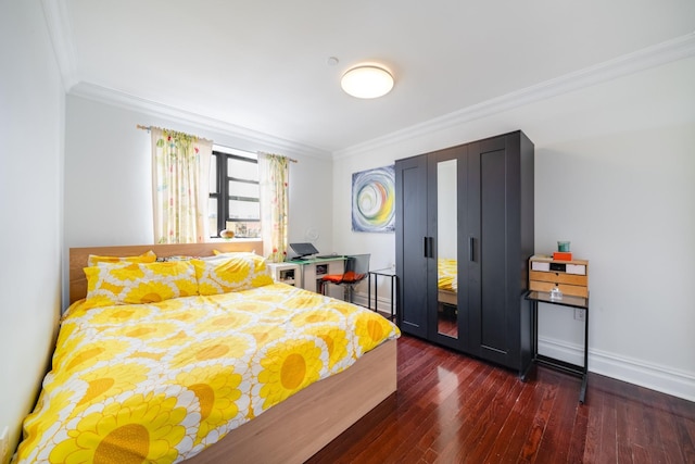 49-07 43rd Ave Unit 7F, Sunnyside, NY 11377 - bedroom with dark wood finished floors, baseboards, and crown molding